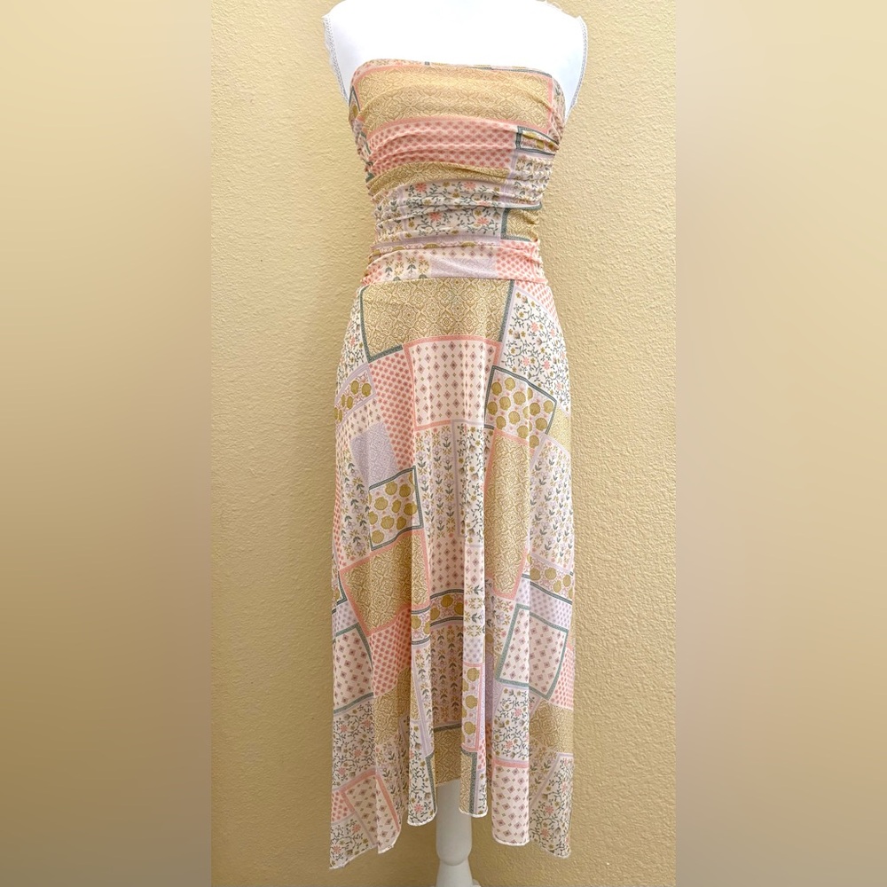 See You Monday Strapless Dress XS Patchwork Floral Midi Asymmetrical Hem Boho